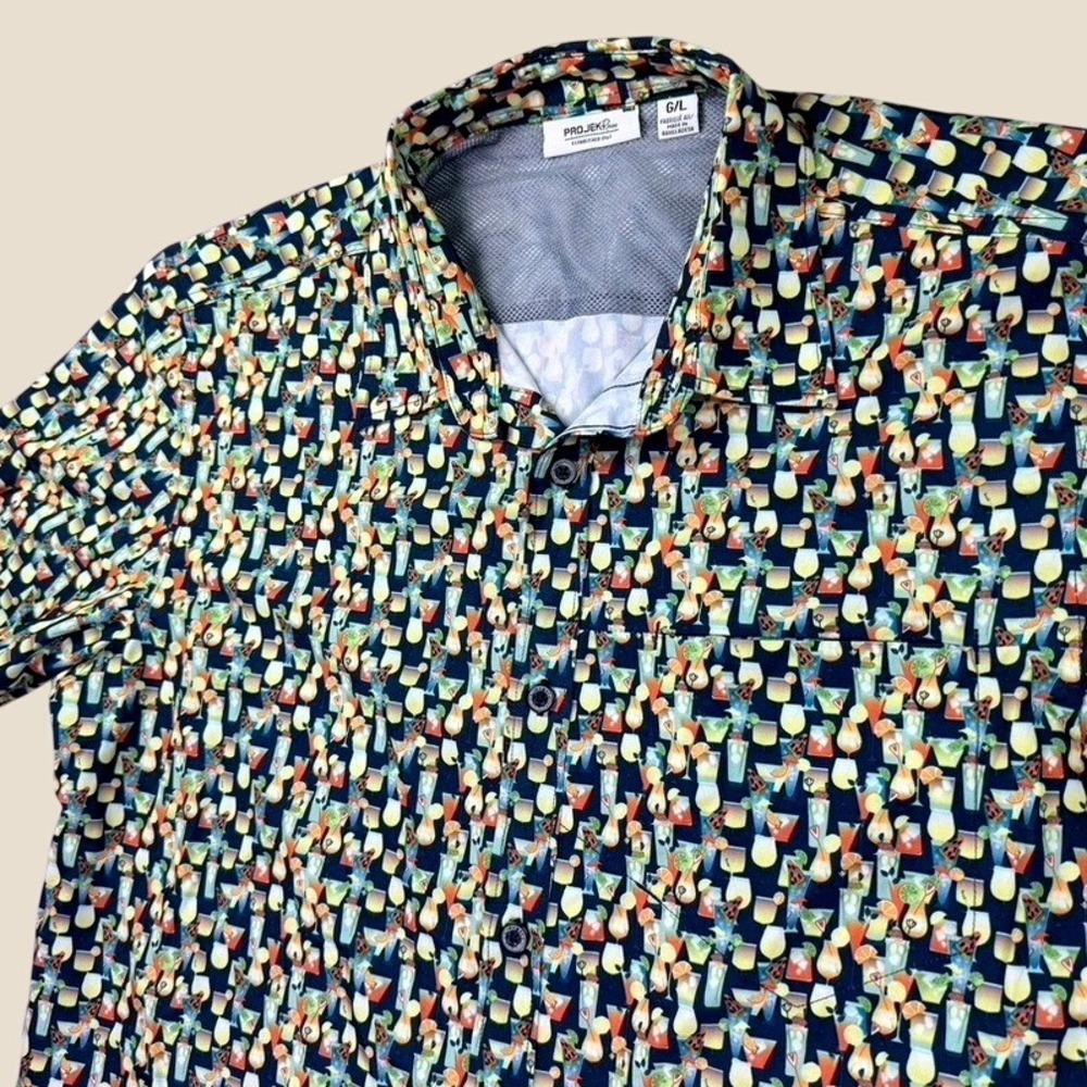 Projek Raw Button Up Shirt Mens L Cocktail Martini All Over‎ Print Stretch Club